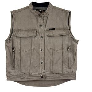 Harley-Davidson Tan Denim Snap Button Moto Embroidered Vest Men's Size Medium